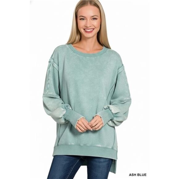 Zenana Acid Washed Batwing Sleeve Fleece Sweatshirt - Picture 2 of 2